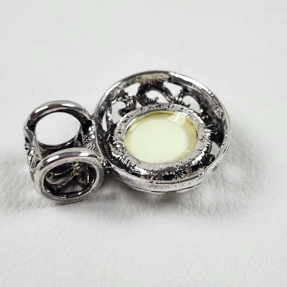 Vintage Jewelry Set Pendant and Earrings Lime Green Silver Tone Scrollwork